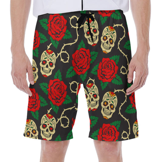 Rose Flower Sugar Skull Pattern Print Men's Beach Shorts