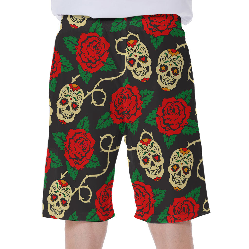 Rose Flower Sugar Skull Pattern Print Men's Beach Shorts