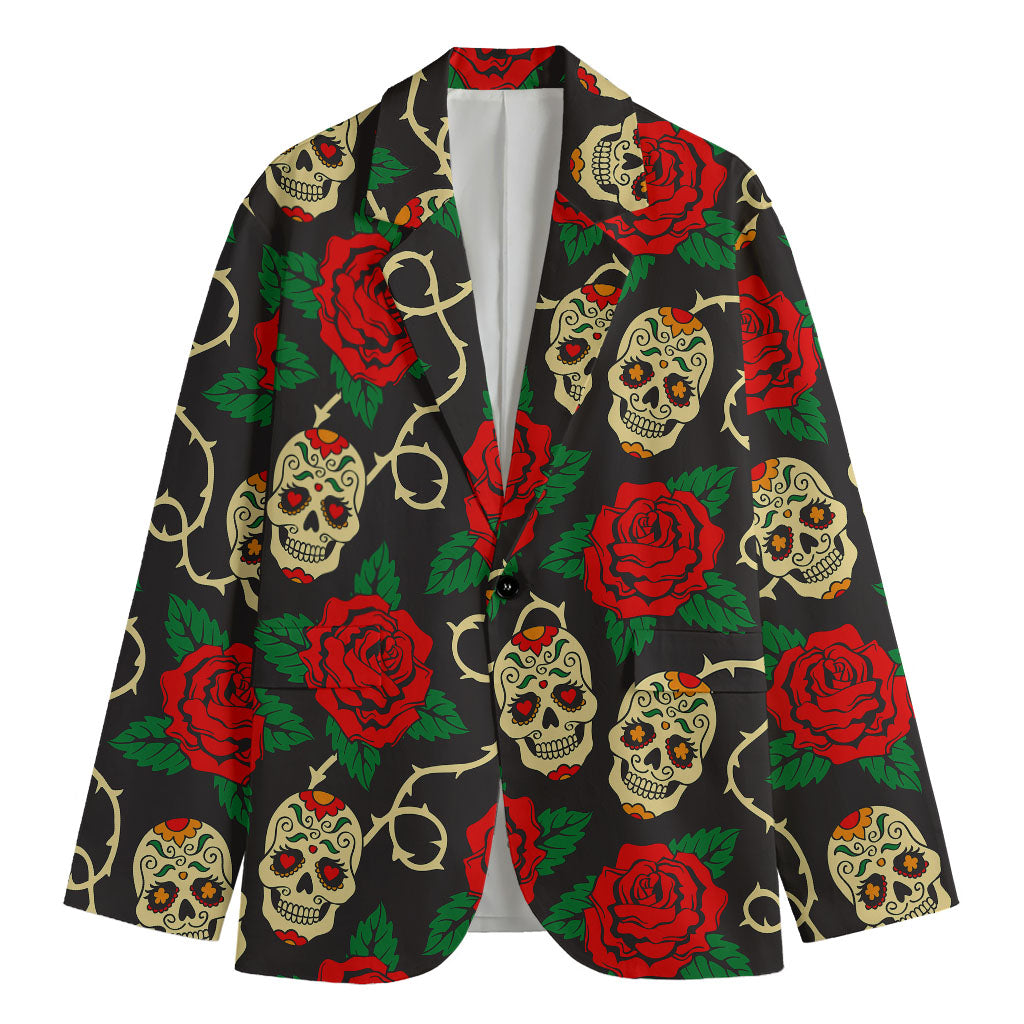 Rose Flower Sugar Skull Pattern Print Men's Blazer