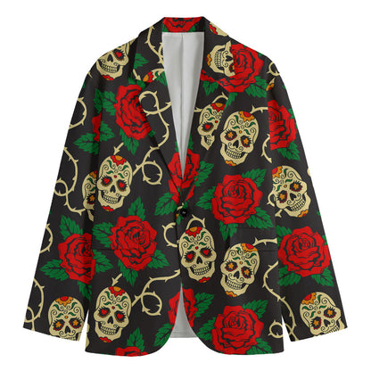 Rose Flower Sugar Skull Pattern Print Men's Blazer