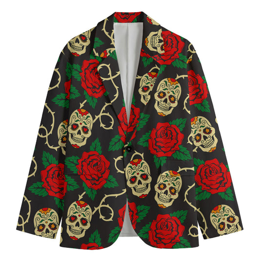 Rose Flower Sugar Skull Pattern Print Men's Blazer