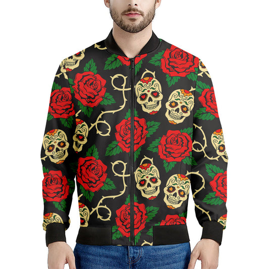 Rose Flower Sugar Skull Pattern Print Men's Bomber Jacket