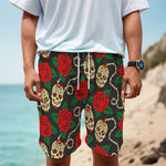 Rose Flower Sugar Skull Pattern Print Men's Cargo Shorts