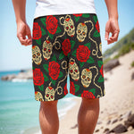 Rose Flower Sugar Skull Pattern Print Men's Cargo Shorts