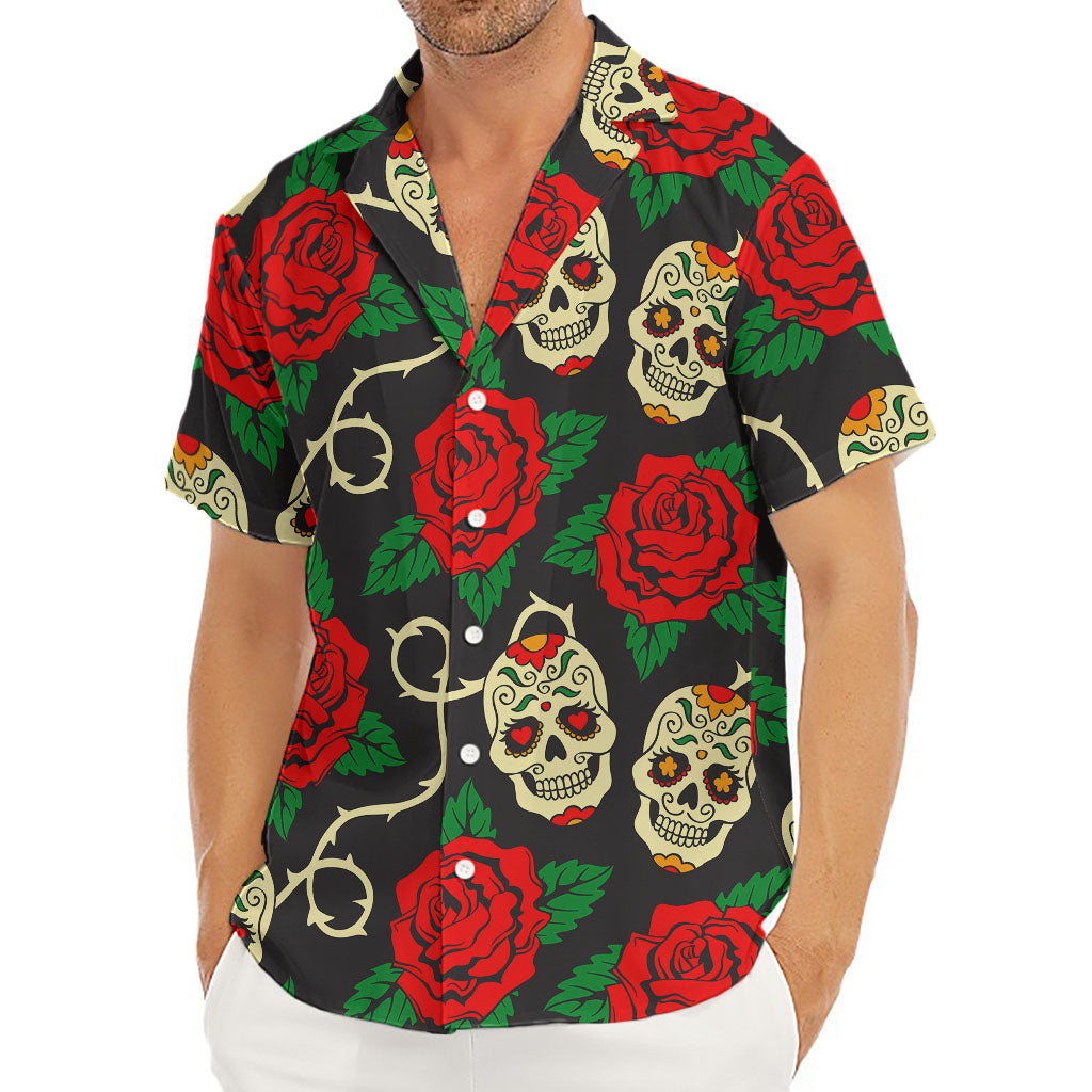 Rose Flower Sugar Skull Pattern Print Men's Deep V-Neck Shirt