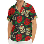 Rose Flower Sugar Skull Pattern Print Men's Deep V-Neck Shirt