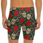 Rose Flower Sugar Skull Pattern Print Men's Long Boxer Briefs