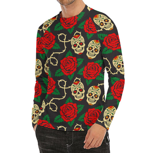 Rose Flower Sugar Skull Pattern Print Men's Long Sleeve Rash Guard