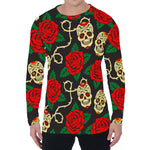 Rose Flower Sugar Skull Pattern Print Men's Long Sleeve T-Shirt
