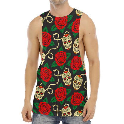 Rose Flower Sugar Skull Pattern Print Men's Muscle Tank Top