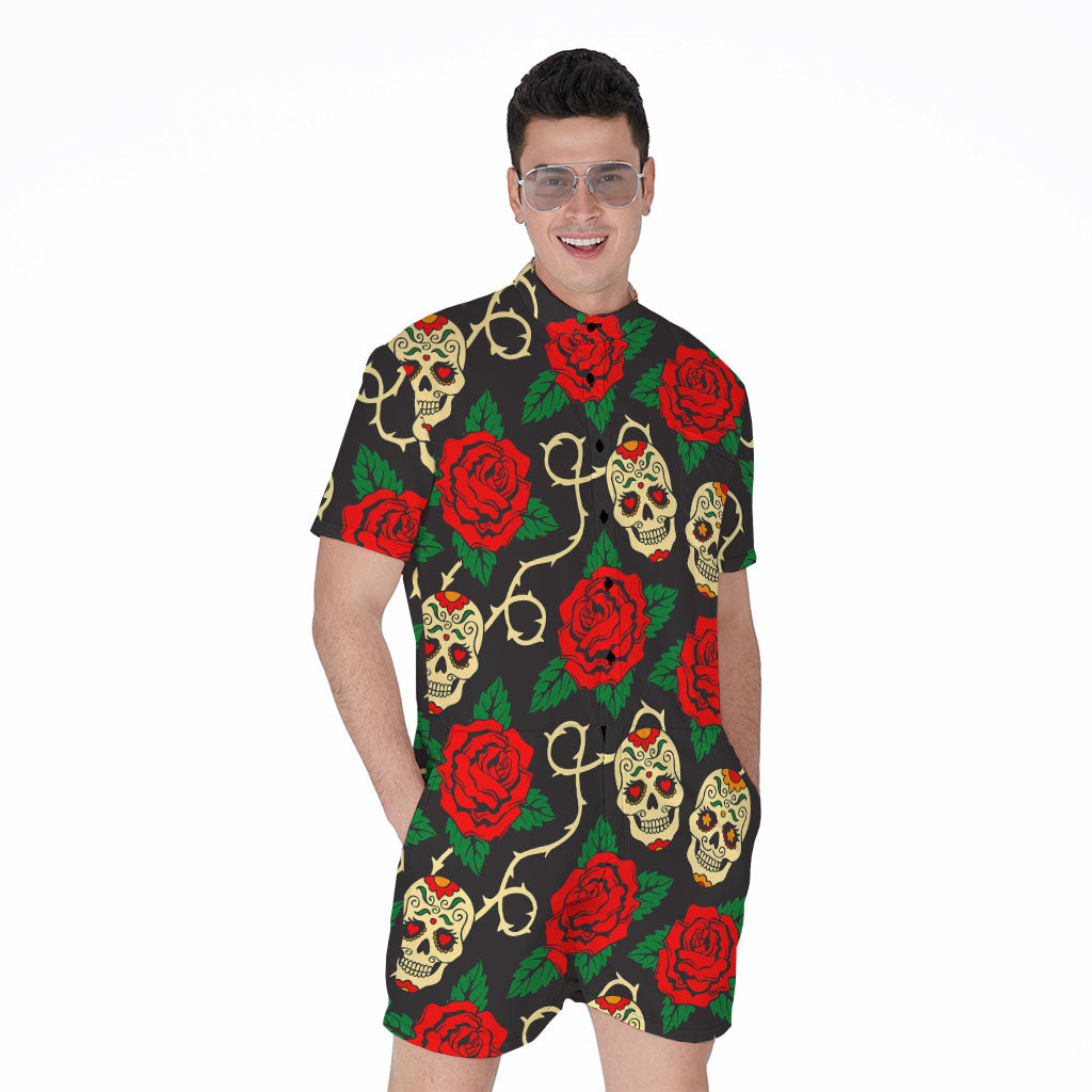 Rose Flower Sugar Skull Pattern Print Men's Rompers