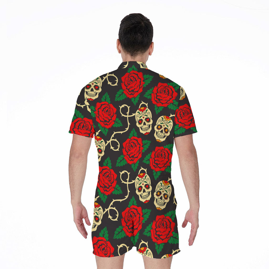 Rose Flower Sugar Skull Pattern Print Men's Rompers
