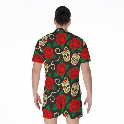 Rose Flower Sugar Skull Pattern Print Men's Rompers