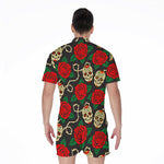 Rose Flower Sugar Skull Pattern Print Men's Rompers
