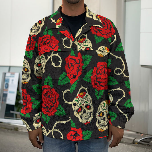 Rose Flower Sugar Skull Pattern Print Men's Shirt Jacket