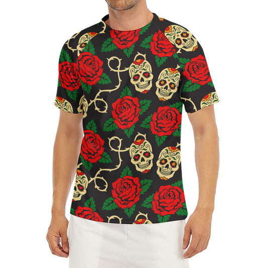Rose Flower Sugar Skull Pattern Print Men's Short Sleeve Rash Guard