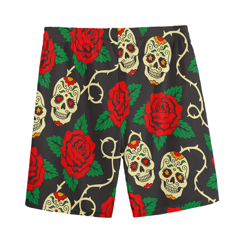 Rose Flower Sugar Skull Pattern Print Men's Sports Shorts