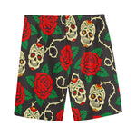 Rose Flower Sugar Skull Pattern Print Men's Sports Shorts
