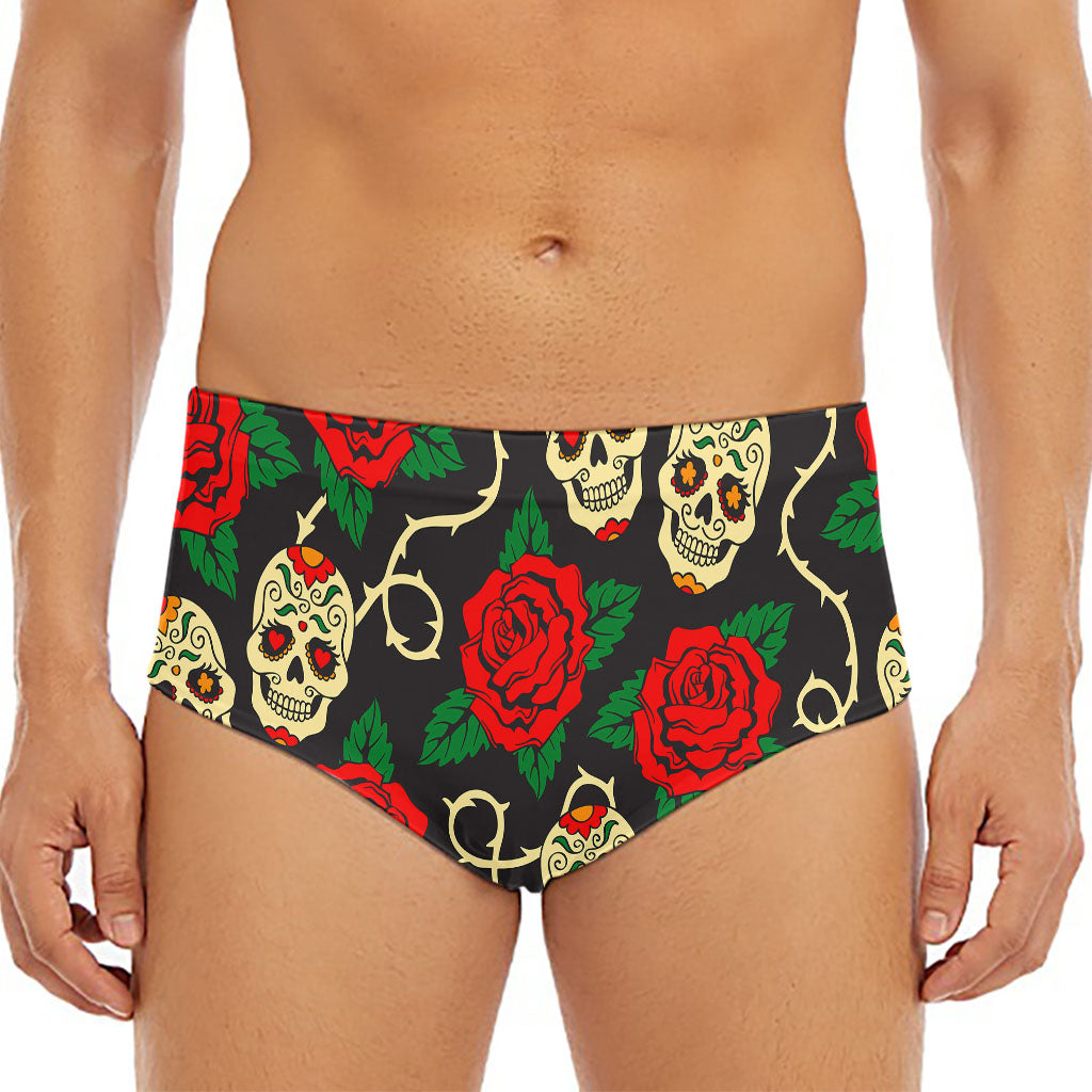 Rose Flower Sugar Skull Pattern Print Men's Triangle Swim Briefs