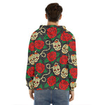 Rose Flower Sugar Skull Pattern Print Men's Velvet Pullover Hoodie