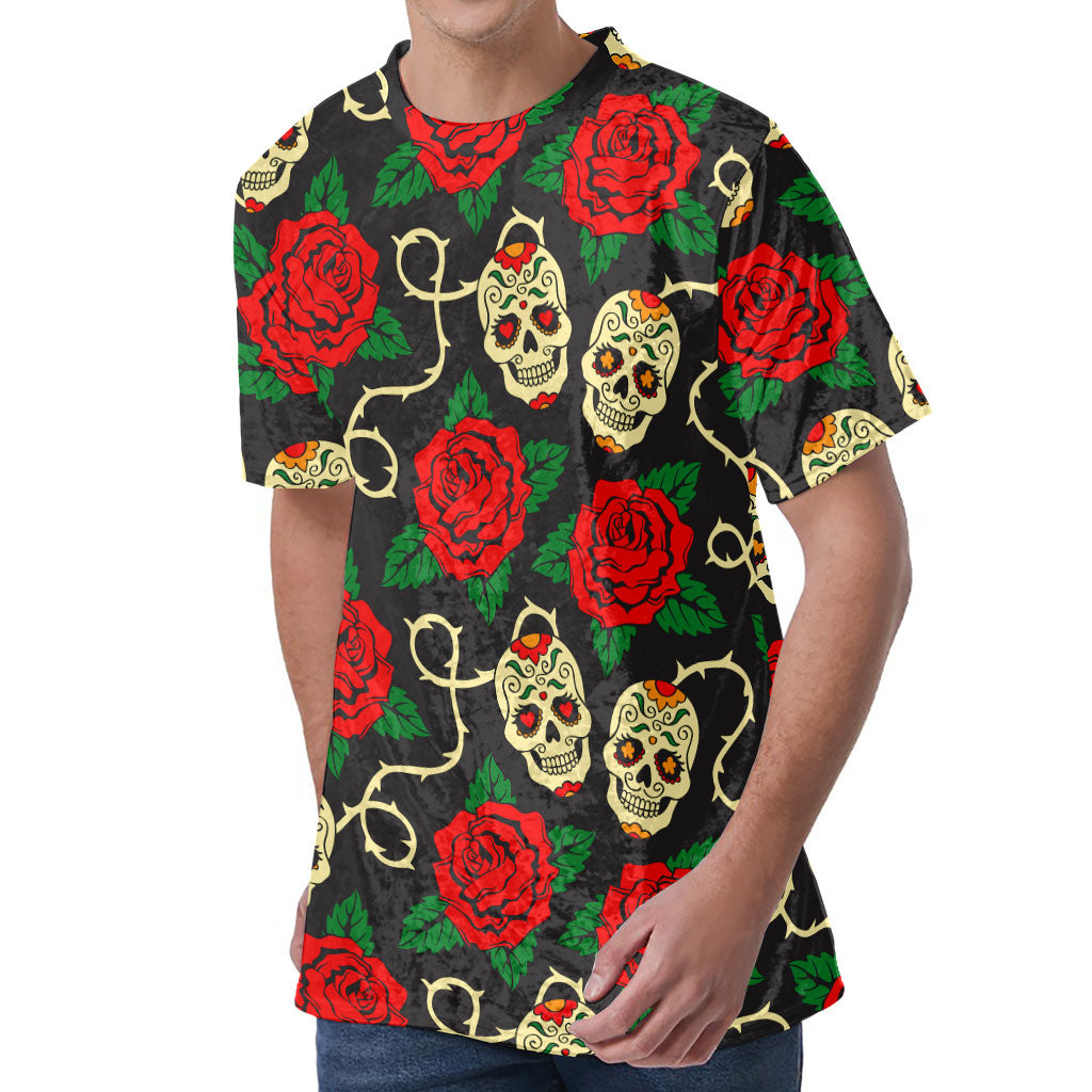 Rose Flower Sugar Skull Pattern Print Men's Velvet T-Shirt