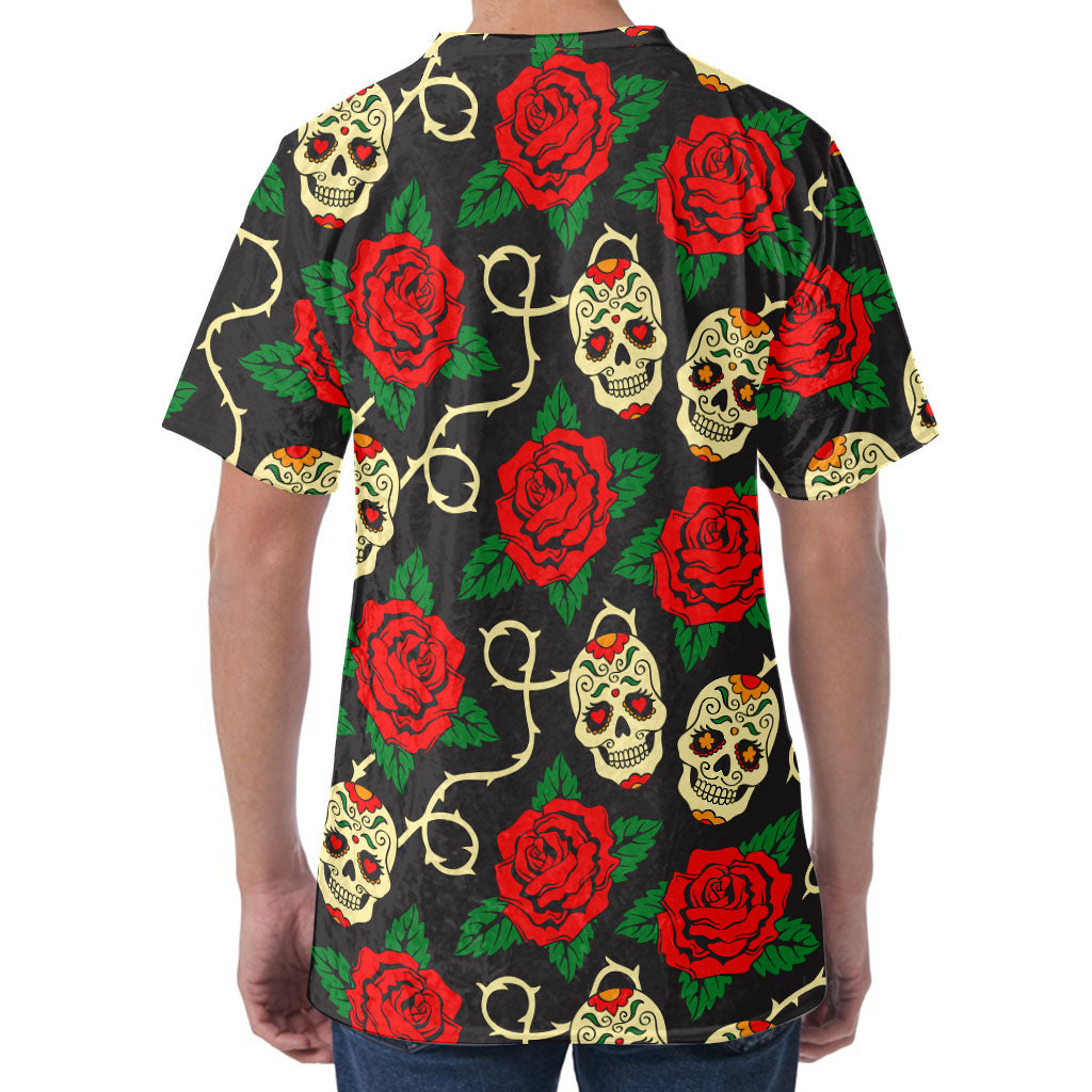 Rose Flower Sugar Skull Pattern Print Men's Velvet T-Shirt