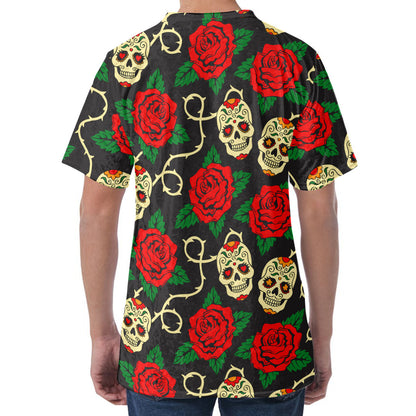 Rose Flower Sugar Skull Pattern Print Men's Velvet T-Shirt