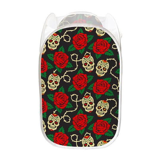 Rose Flower Sugar Skull Pattern Print Mesh Laundry Hamper