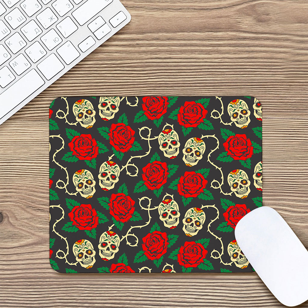 Rose Flower Sugar Skull Pattern Print Mouse Pad