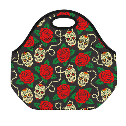 Rose Flower Sugar Skull Pattern Print Neoprene Lunch Bag
