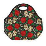 Rose Flower Sugar Skull Pattern Print Neoprene Lunch Bag