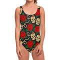 Rose Flower Sugar Skull Pattern Print One Piece Swimsuit