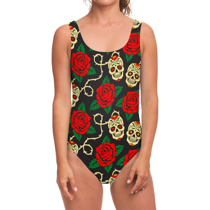 Rose Flower Sugar Skull Pattern Print One Piece Swimsuit