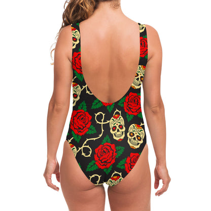 Rose Flower Sugar Skull Pattern Print One Piece Swimsuit