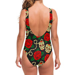 Rose Flower Sugar Skull Pattern Print One Piece Swimsuit
