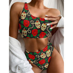 Rose Flower Sugar Skull Pattern Print One Shoulder Bikini Top