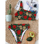 Rose Flower Sugar Skull Pattern Print One Shoulder Bikini Top