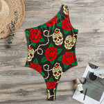 Rose Flower Sugar Skull Pattern Print One Shoulder Bodysuit