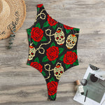 Rose Flower Sugar Skull Pattern Print One Shoulder Bodysuit