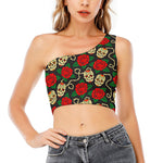 Rose Flower Sugar Skull Pattern Print One Shoulder Crop Top