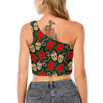Rose Flower Sugar Skull Pattern Print One Shoulder Crop Top