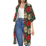 Rose Flower Sugar Skull Pattern Print Open Front Beach Cover Up