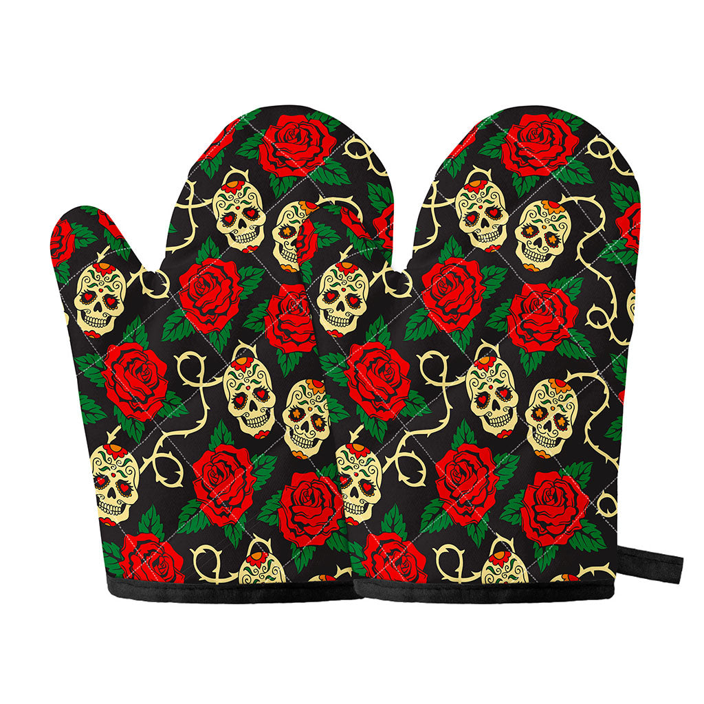 Rose Flower Sugar Skull Pattern Print Oven Mitts