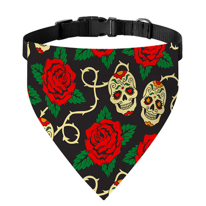 Rose Flower Sugar Skull Pattern Print Over The Collar Dog Bandana