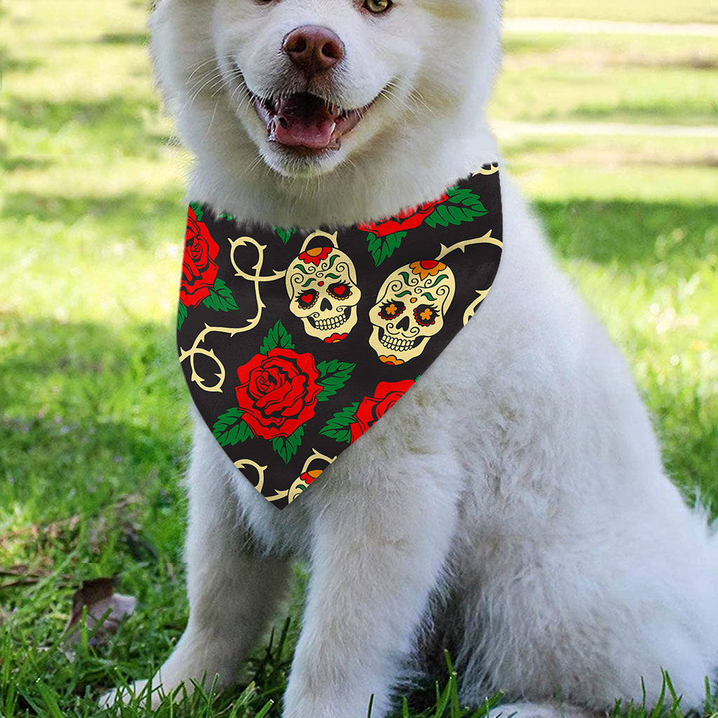 Rose Flower Sugar Skull Pattern Print Over The Collar Dog Bandana
