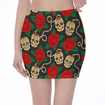 Rose Flower Sugar Skull Pattern Print Pencil Mini Skirt