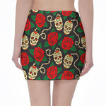 Rose Flower Sugar Skull Pattern Print Pencil Mini Skirt