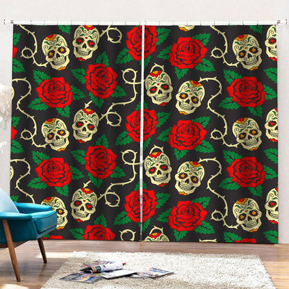 Rose Flower Sugar Skull Pattern Print Pencil Pleat Curtains