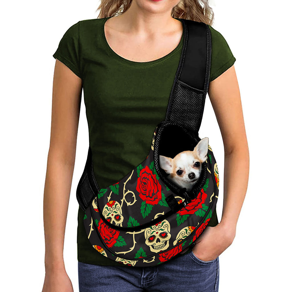 Rose Flower Sugar Skull Pattern Print Pet Sling Carrier