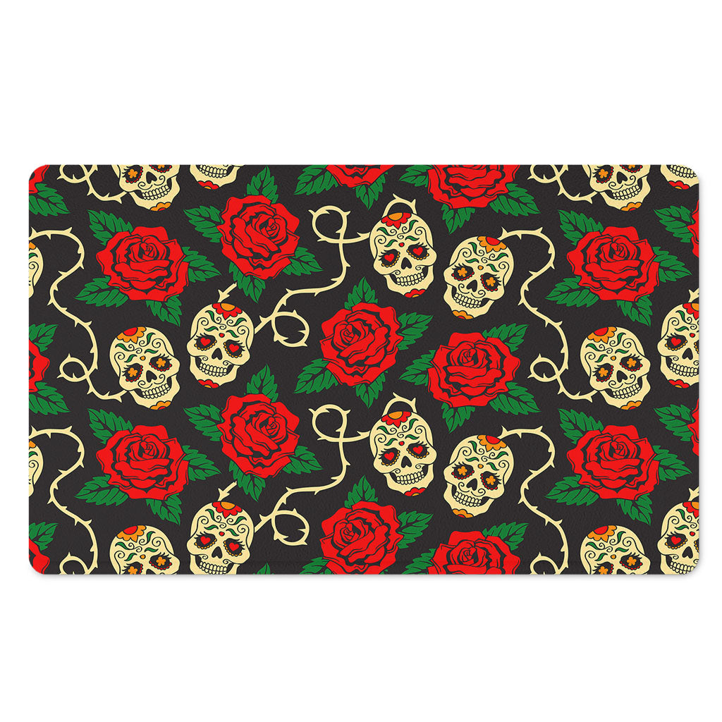 Rose Flower Sugar Skull Pattern Print Polyester Doormat